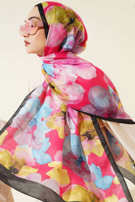 Pazarium - Menekşe Desen Şal Siyah Fuşya