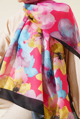 Menekşe Desen Şal Siyah Fuşya - Thumbnail