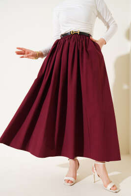 Pazarium - Kemerli Poplin Etek Bordo