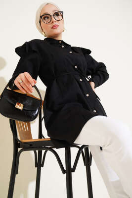 Pazarium - Omuz Fırfırlı Şeritli Kuşaklı Gömlek Siyah