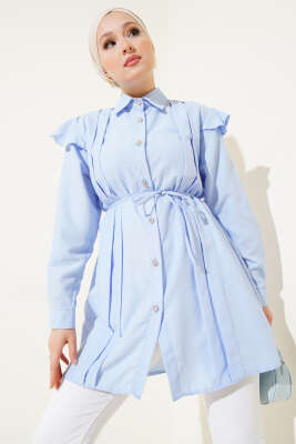 Pazarium - Omuz Fırfırlı Şeritli Kuşaklı Gömlek Buz Mavisi