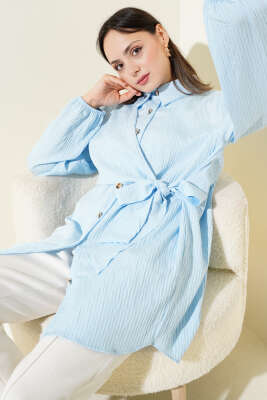 Pazarium - Yan Bağlamalı Kabartma Çizgili Gömlek Mavi