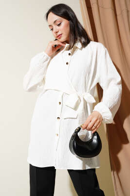 Pazarium - Yan Bağlamalı Kabartma Çizgili Gömlek Beyaz