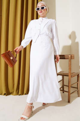 Pazarium - V Alerli Ceketli Jile Takım Beyaz