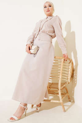 Pazarium - V Alerli Ceketli Jile Takım Bej