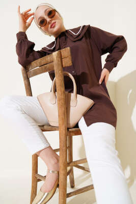 Pazarium - Çift Denizci Yaka Zikzaklı Gömlek Kahve