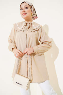 Pazarium - Çift Denizci Yaka Zikzaklı Gömlek Bej
