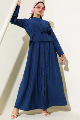 Pazarium - Düğmeli Kuşaklı Jile İkili Takım Lacivert