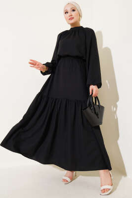 Pazarium - Yakası Büzgülü Etekli İkili Takım Siyah