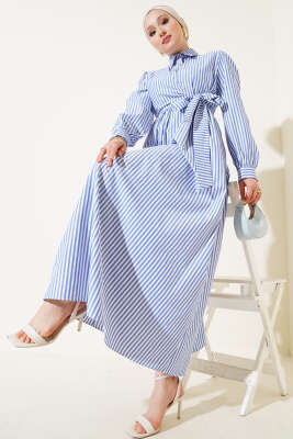 Çizgili Yandan Bağlamalı Elbise Mavi - Thumbnail