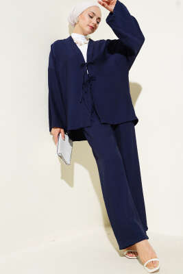 Pazarium - Önü Çift Bağcıklı Kimono İkili Takım Lacivert