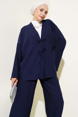 Önü Çift Bağcıklı Kimono İkili Takım Lacivert - Thumbnail