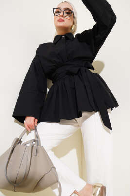 Pazarium - Kuşak Büzgülü Yarım Düğmeli Tunik Siyah