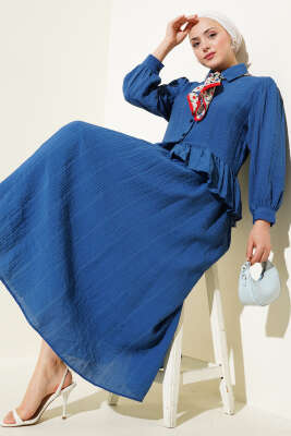 Pazarium - Düğmeli Fırfırlı Etekli İkili Takım İndigo