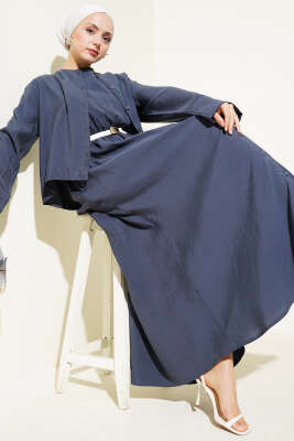 Pazarium - Düğmeli Kuşaklı Jile İkili Takım Kayrak Grisi