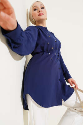 Pazarium - İp Kuşaklı Taşlı Gömlek Lacivert