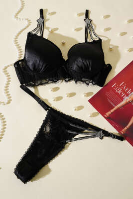 Yıldız Taşlı Sütyen Takım Siyah - Thumbnail