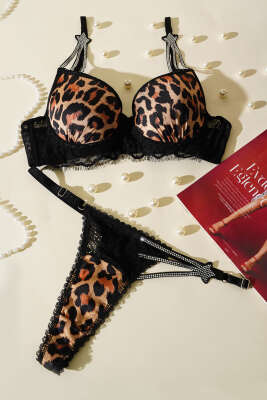 Yıldız Taşlı Sütyen Takım Leopar - Thumbnail