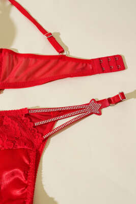 Yıldız Taşlı Sütyen Takım Kırmızı - Thumbnail