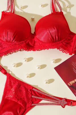 Yıldız Taşlı Sütyen Takım Kırmızı - Thumbnail