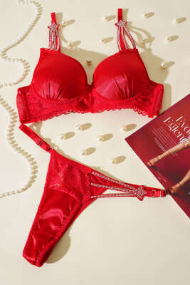 Pazarium - Yıldız Taşlı Sütyen Takım Kırmızı