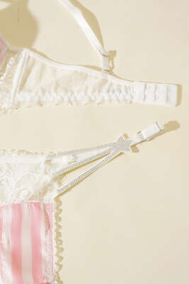 Yıldız Taşlı Sütyen Takım Çizgili Pembe - Thumbnail