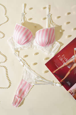 Pazarium - Yıldız Taşlı Sütyen Takım Çizgili Pembe