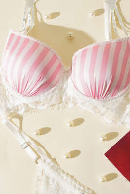 Yıldız Taşlı Sütyen Takım Çizgili Pembe - Thumbnail