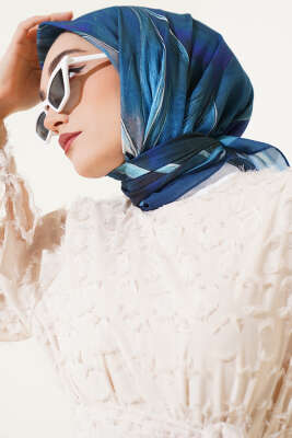 Tuval Desen Eşarp Mavi - Thumbnail