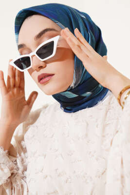 Tuval Desen Eşarp Mavi - Thumbnail