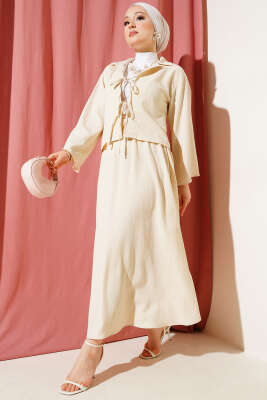 Pazarium - Kruvaze Yaka Ağaç Kabuğu Etekli Takım Bej