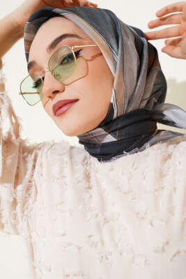 Tuval Desen Eşarp Gri - Thumbnail