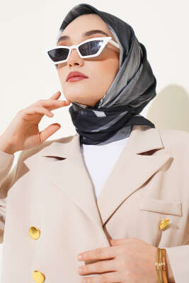 Tuval Desen Eşarp Siyah - Thumbnail