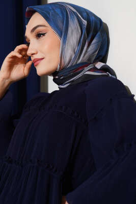 Tuval Desen Eşarp Lacivert Bej - Thumbnail