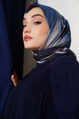 Tuval Desen Eşarp Lacivert Bej - Thumbnail