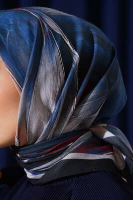 Tuval Desen Eşarp Lacivert Bej - Thumbnail