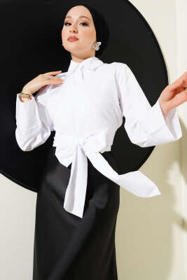 Pazarium - Çapraz Düğmeli Bağlamalı Kısa Gömlek Beyaz