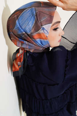 Tuval Desen Eşarp Siyah Kiremit - Thumbnail