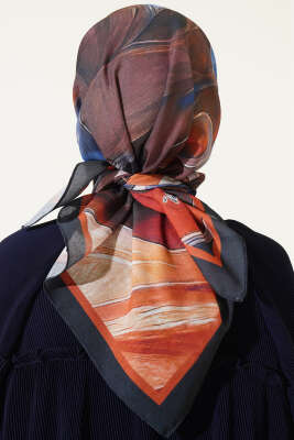 Tuval Desen Eşarp Siyah Kiremit - Thumbnail