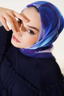 Tuval Desen Eşarp Mor - Thumbnail