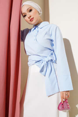 Pazarium - Çapraz Düğmeli Bağlamalı Kısa Gömlek Mavi