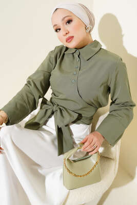 Pazarium - Çapraz Düğmeli Bağlamalı Kısa Gömlek Haki