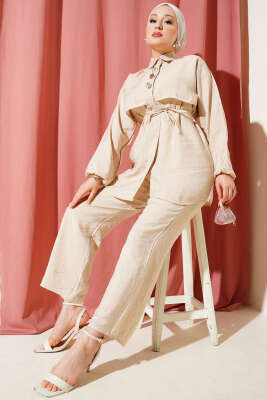 Pazarium - Bolerolu Gold Düğmeli İkili Takım Bej