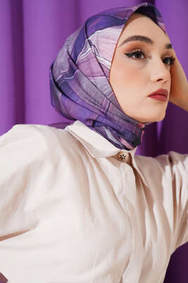 Tuval Desen Eşarp Lila - Thumbnail