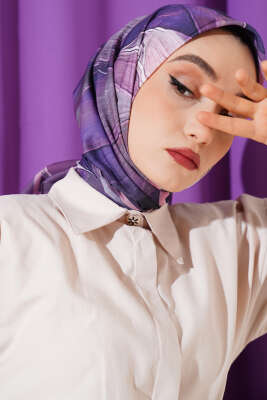 Tuval Desen Eşarp Lila - Thumbnail