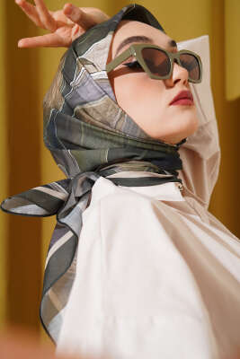 Tuval Desen Eşarp Haki - Thumbnail