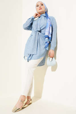 Kendinden Bel Kuşaklı Gömlek Mavi - Thumbnail