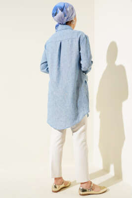 Kendinden Bel Kuşaklı Gömlek Mavi - Thumbnail