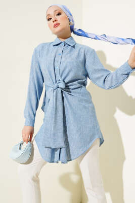 Pazarium - Kendinden Bel Kuşaklı Gömlek Mavi