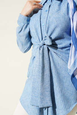 Kendinden Bel Kuşaklı Gömlek Mavi - Thumbnail